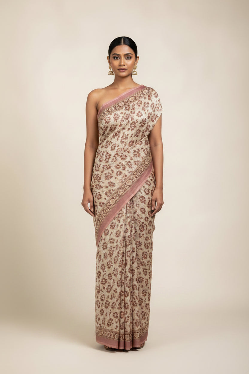 Kalamkari Handcrafted Saree - Pink - Indian Ethnic Wear - front view | Villows DTrendz