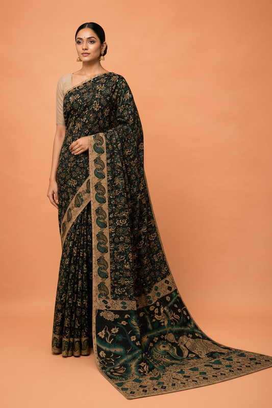 Kalamkari Handcrafted Saree - Rama Blue - Indian Ethnic Wear - front view | Villows DTrendz