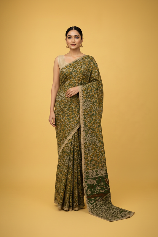 Kalamkari Handcrafted Saree - Green - Indian Ethnic Wear - front view | Villows DTrendz