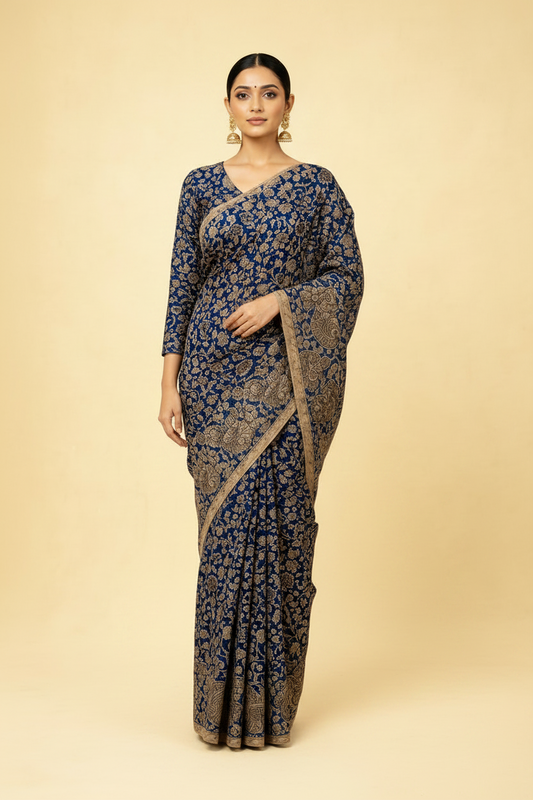 Kalamkari Handcrafted Saree - Blue - Indian Ethnic Wear - front view | Villows DTrendz