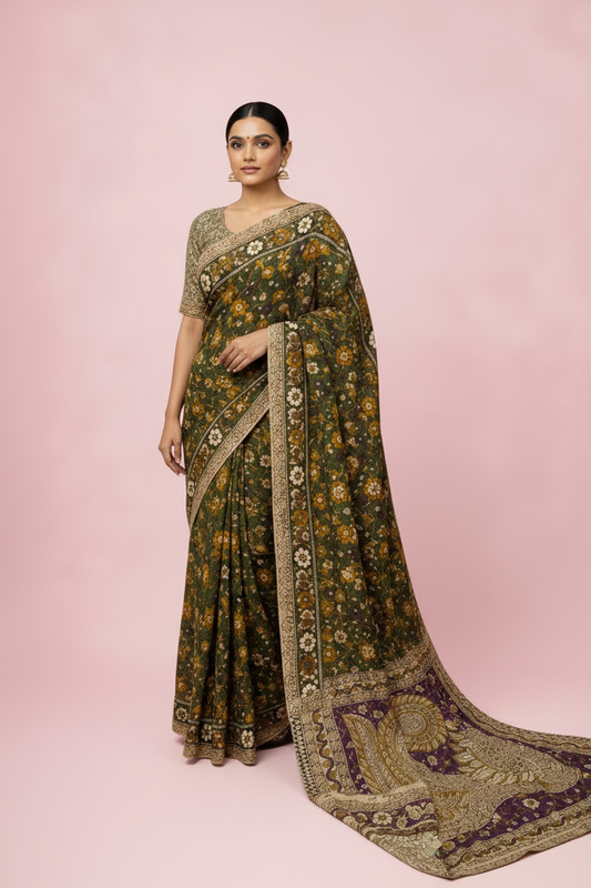 Kalamkari Handcrafted Saree - Lavender - Indian Ethnic Wear - front view | Villows DTrendz