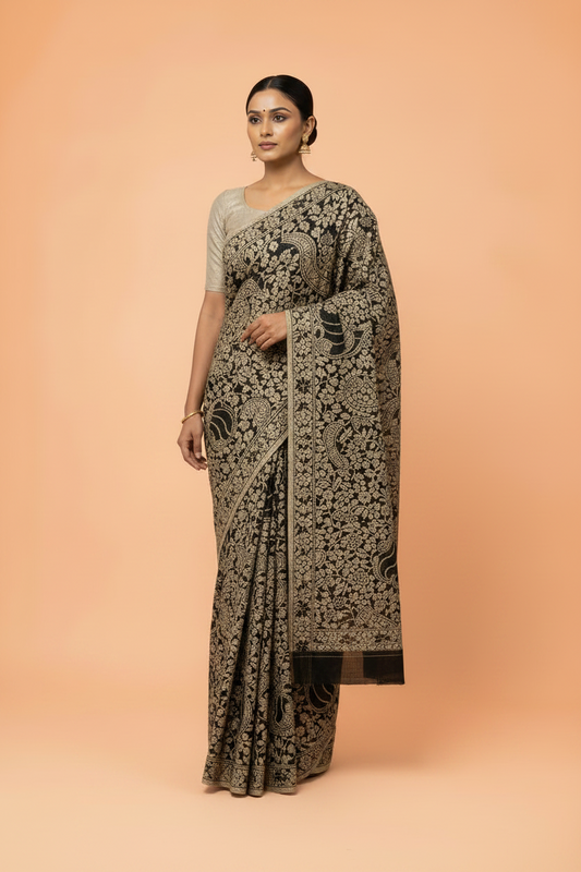 Kalamkari Handcrafted Saree - Black - Indian Ethnic Wear - front view | Villows DTrendz