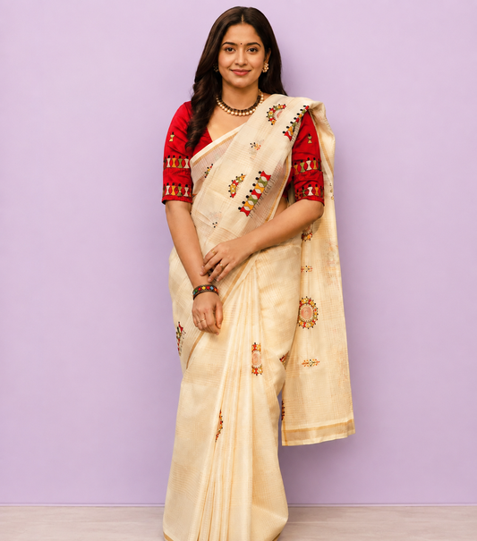 Cream Warli Art Manipuri Kota Checks Saree – Zari Pattu Border & Mulberry Silk Blouse - front view | Nardev Fashions