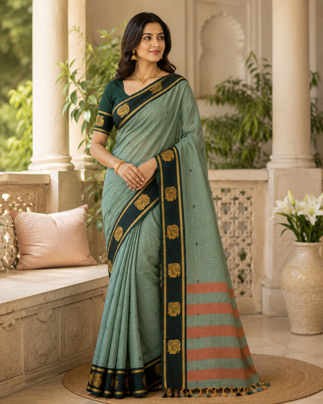 Sage Green - Saree - front view | Chindak Textiles