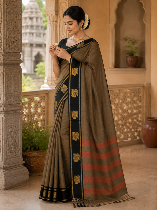 Dark Khaki - Saree - front view | Chindak Textiles