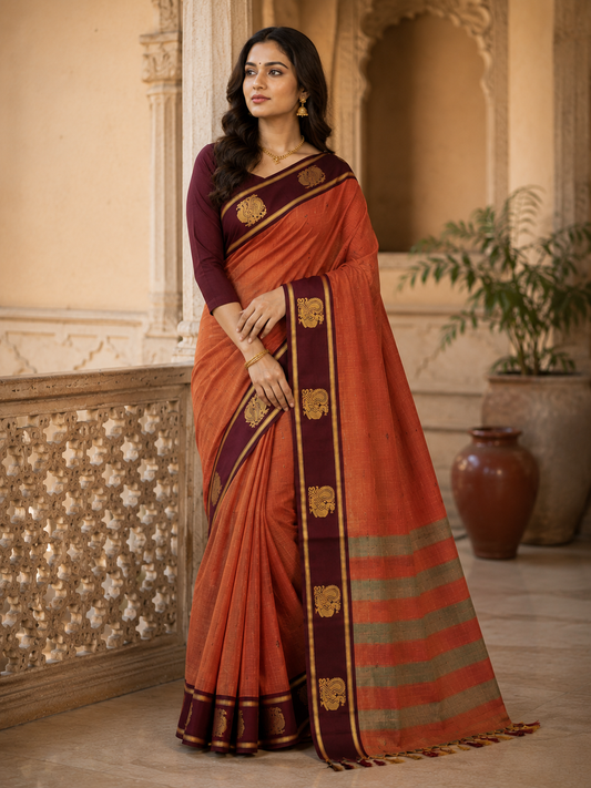 Rust Orange - Saree - front view | Chindak Textiles