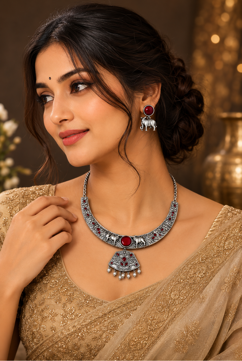 Women's Oxidized Silver Elephant Necklace Set with Red Stone & Earrings - front view | D9 Creations