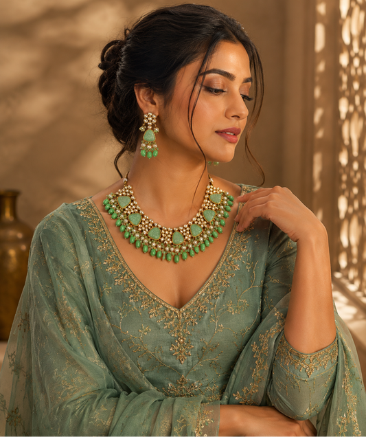 Women's Gold Plated Bridal Necklace - Necklace Set - front view | D9 Creations
