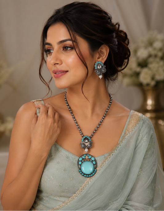 Women's Designer Leaf Oxidized Necklace - Necklace Set - front view | D9 Creations