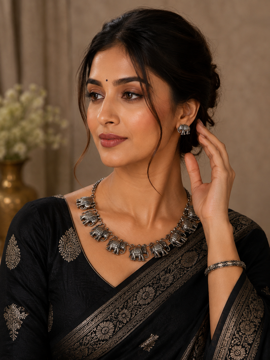Women's Unique Oxidized Elephant Necklace - Necklace Set - front view | D9 Creations