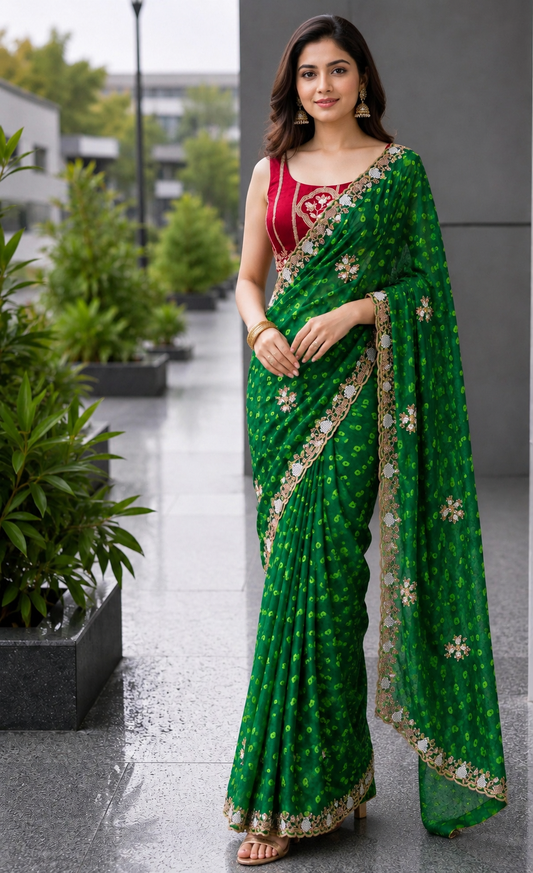 Emerald Green Bandhani Saree with Beads Work - front view | Nardev Fashions
