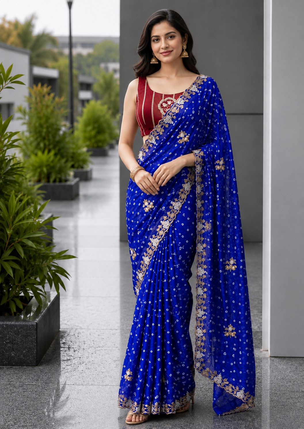 Royal Blue Bandhani Saree with Beads Work - front view | Nardev Fashions