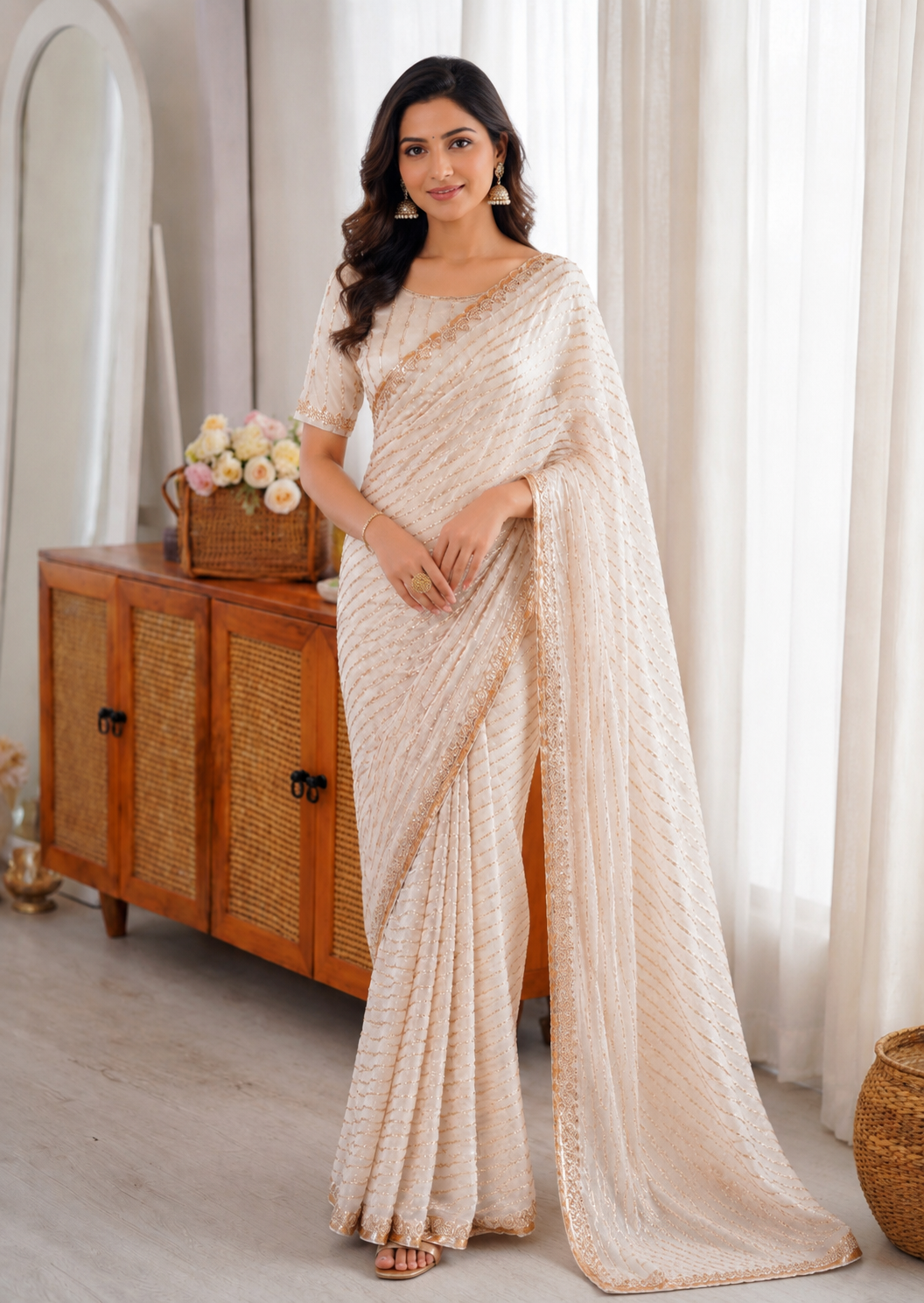 Ivory Pure Space Silk Saree with Gold Beads & Cutdana Handwork - front view | Nardev Fashions