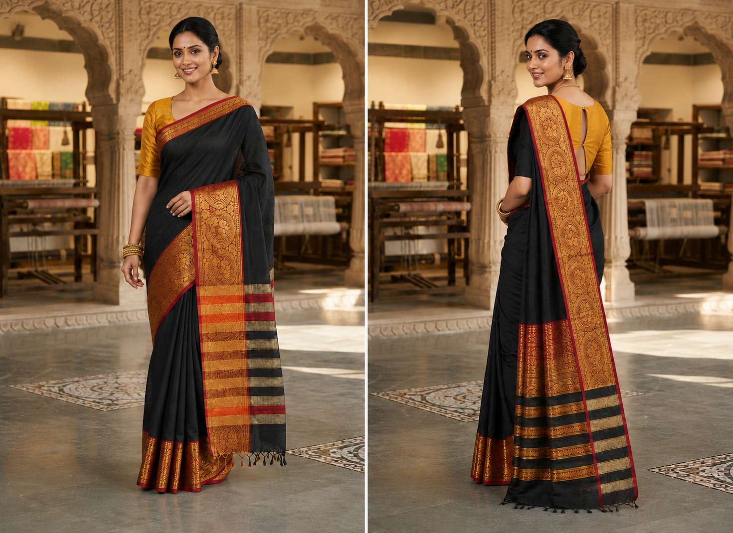 Deep Black Narayanpet Pure Mercerised Cotton Saree with Rich Gold Zari Woven Ruby Red Border - Indian Ethnic Wear - close-up detail view | Chindak Textiles