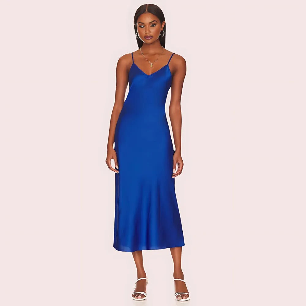 Women's Royal Blue Satin Dress, Timeless Royal Evening Wear - Apparel - front view | Snazzyway