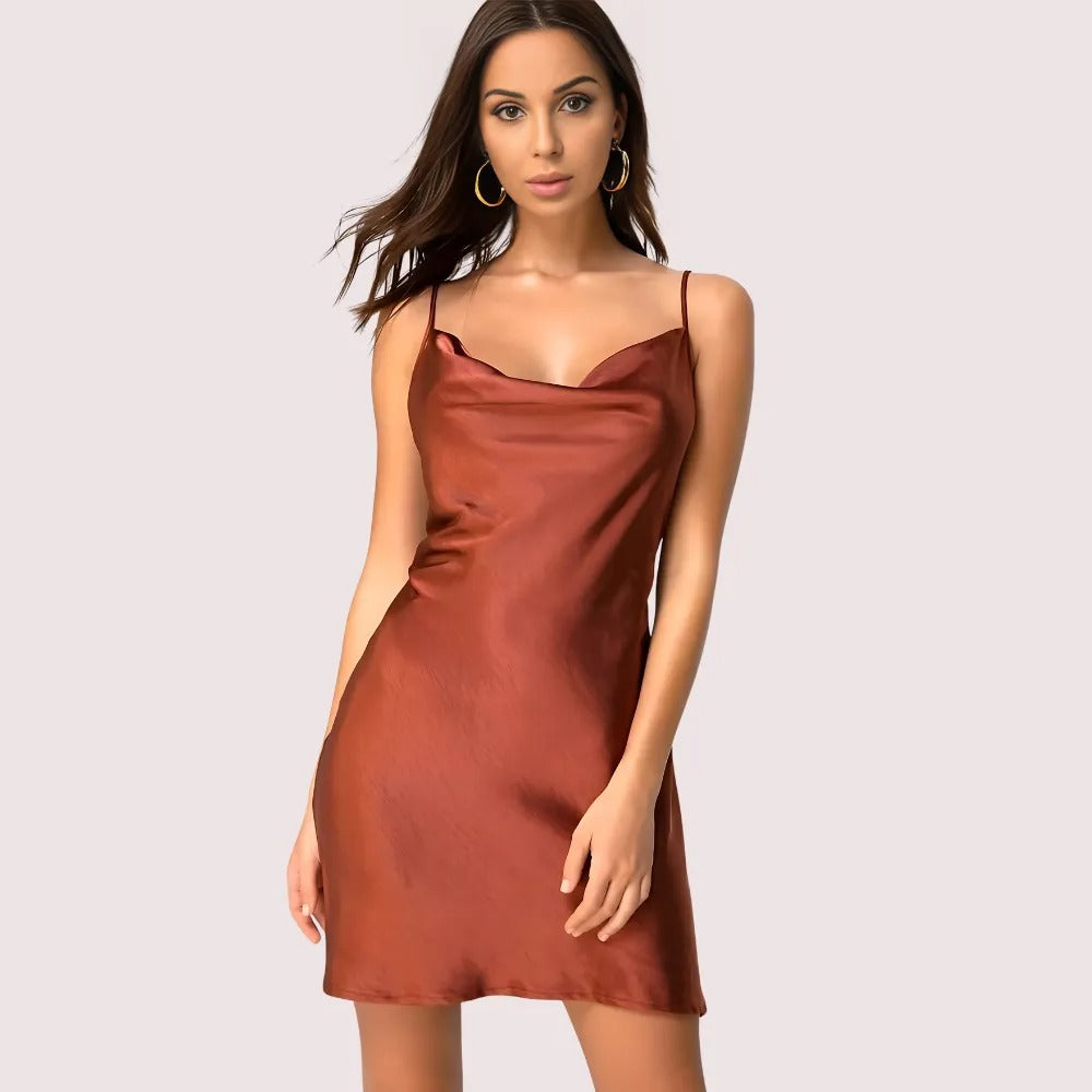 Women's Rust Satin Dress, Graceful Rust Evening Wear - Apparel - front view | Snazzyway