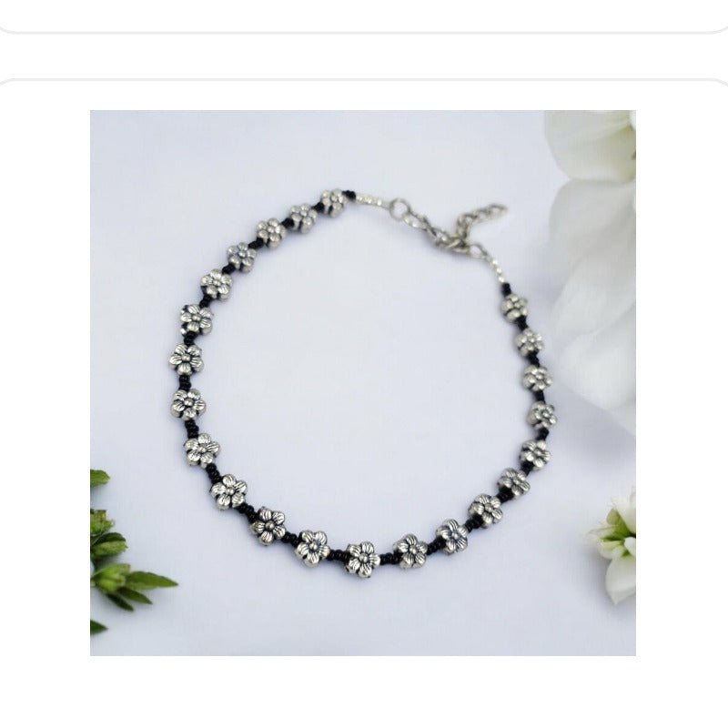Women's Oxidised Flower Charms Anklets - front view | D9 Creations