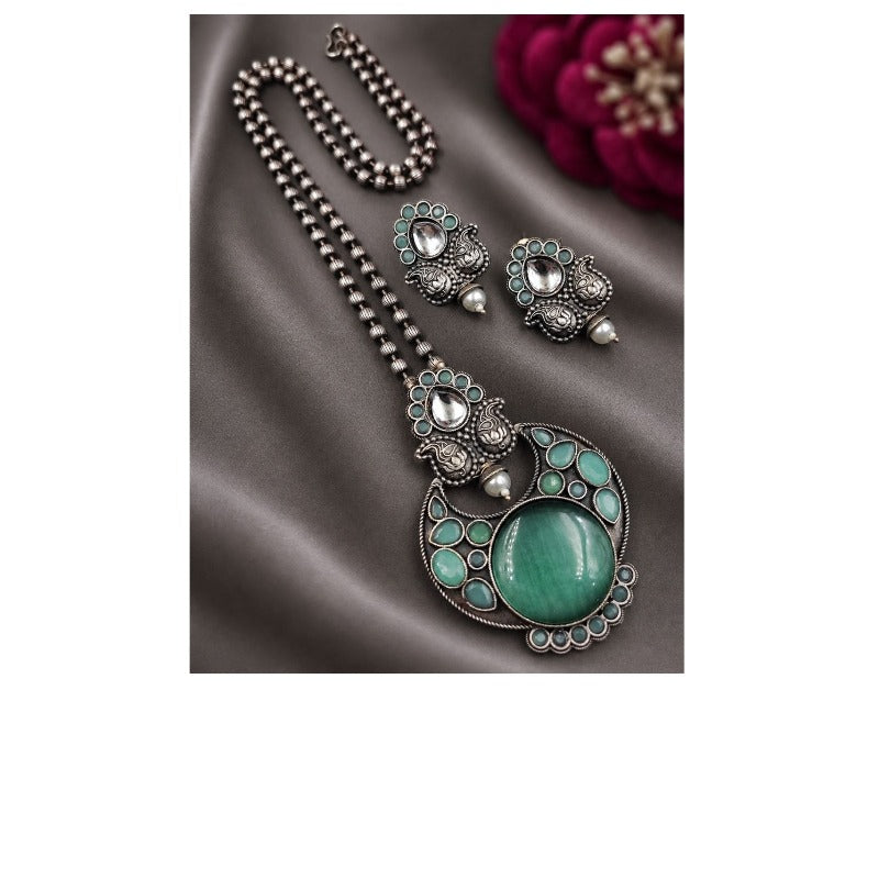 Women's Designer Leaf Oxidized Necklace - Necklace Set - close-up detail view | D9 Creations
