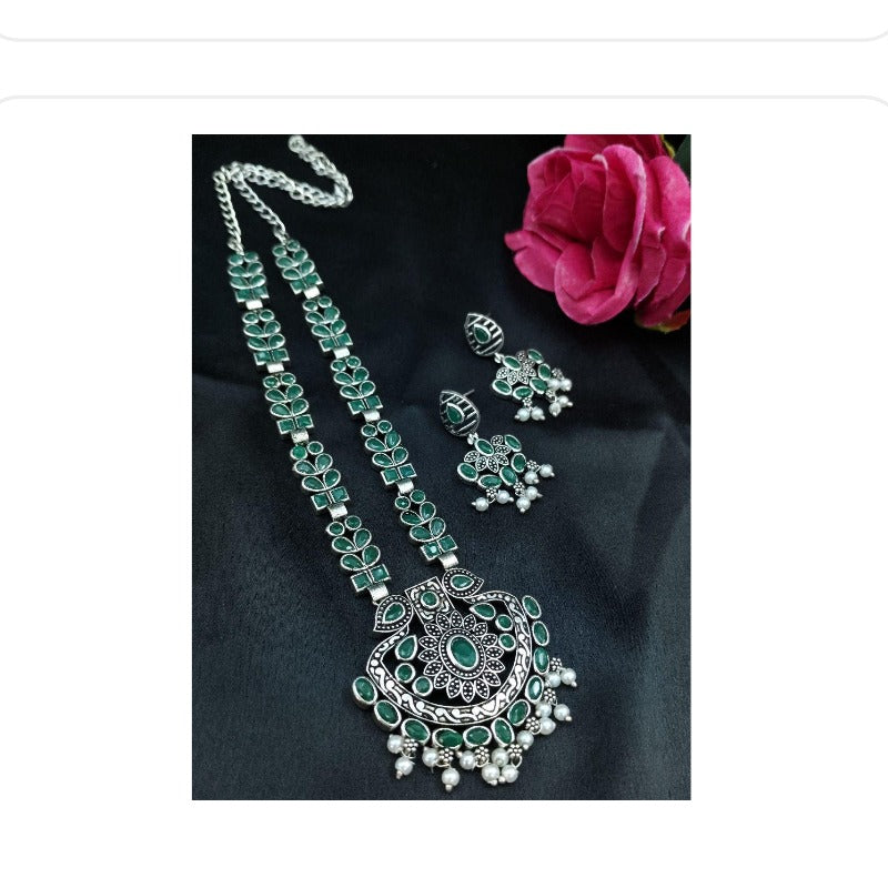 Women's Oxidized Green Stone Necklace Set for Women - close-up detail view | D9 Creations