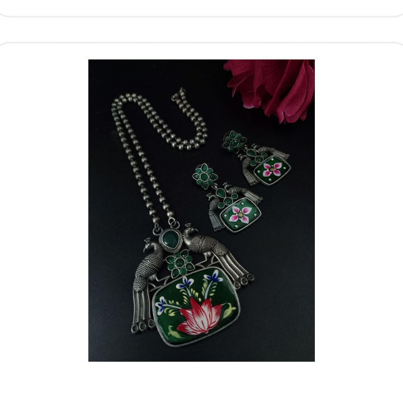 Women's Traditional Best Hand Painted Peacock Necklace Set - close-up detail view | D9 Creations