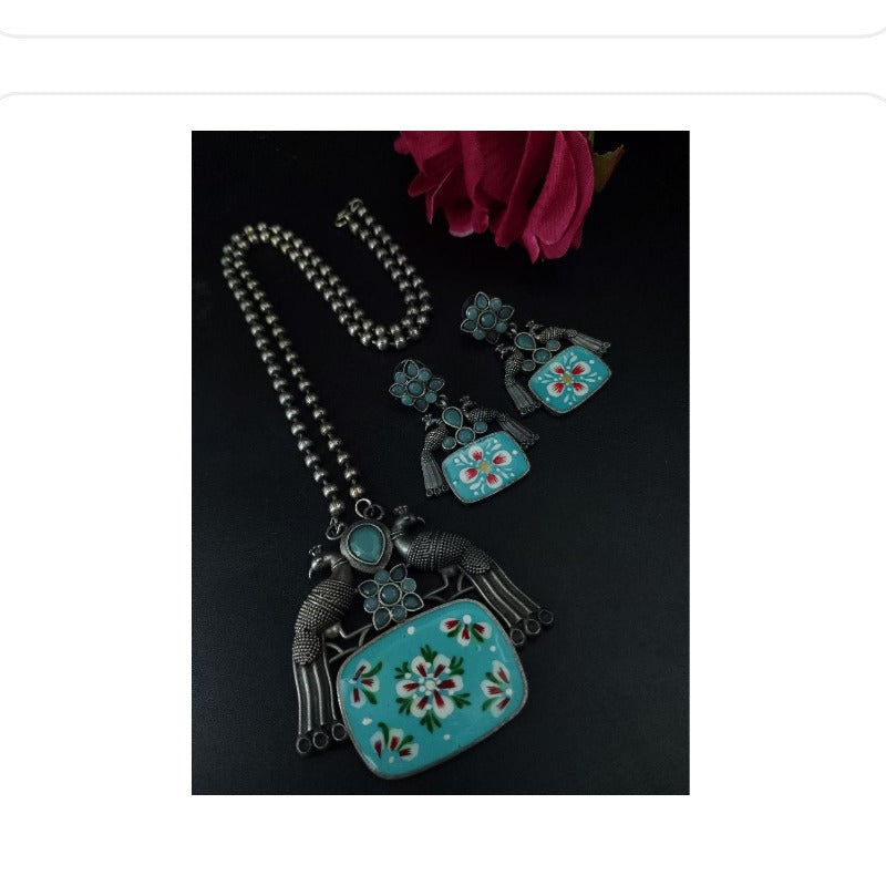 Women's Traditional Best Hand Painted Peacock Necklace Set - close-up detail view | D9 Creations