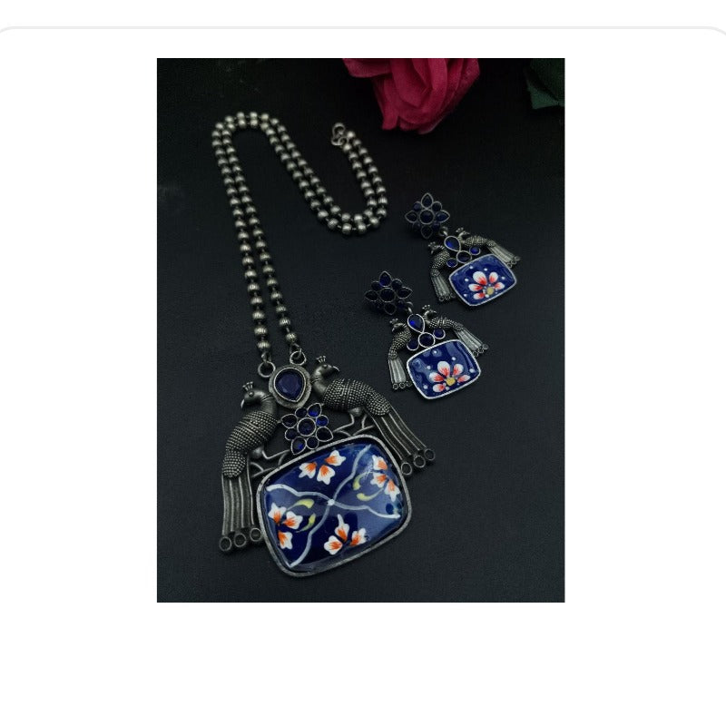 Women's Traditional Best Hand Painted Peacock Necklace Set - close-up detail view | D9 Creations