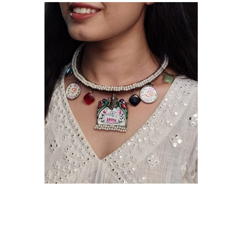 Women's Oxidized Beautiful Ganesha Hasli Necklace - close-up detail view | D9 Creations