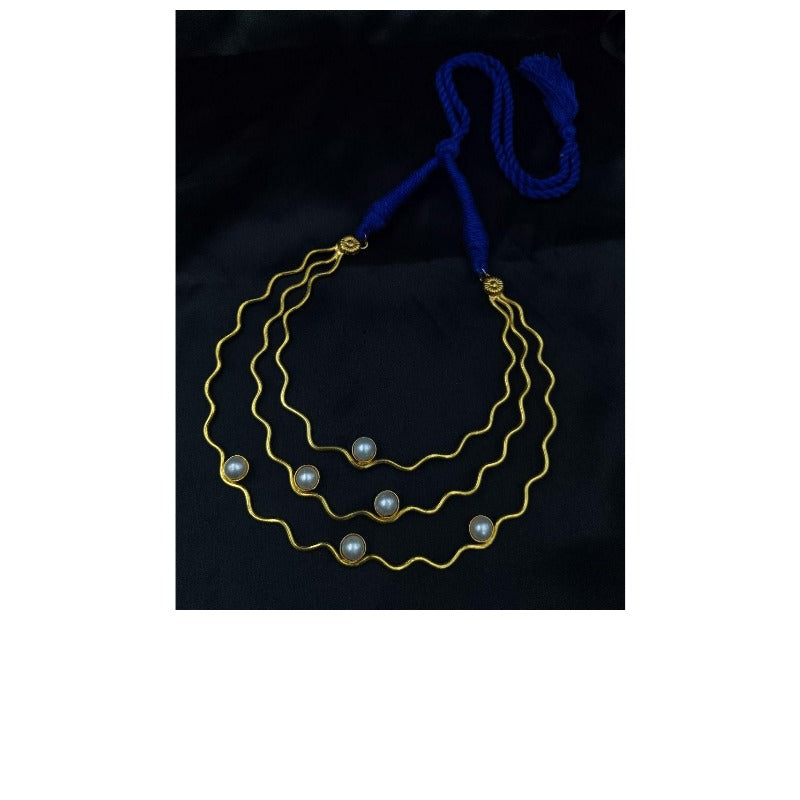 Women's Gold Plated Royal Blue Stone & Pearl Necklace for Women - close-up detail view | D9 Creations