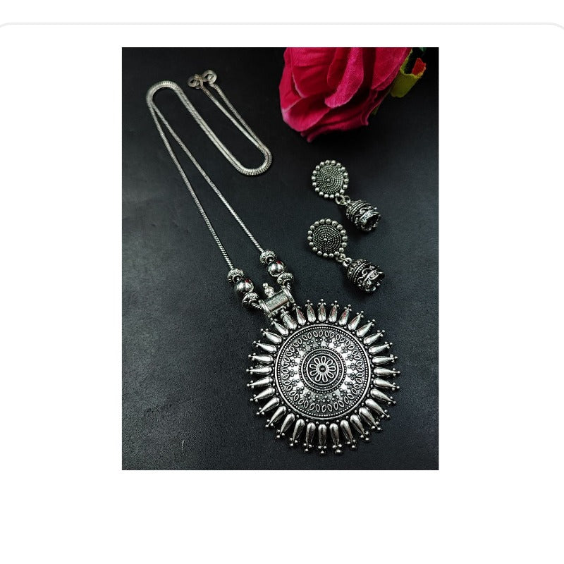 Women's Elegant German Silver Chain Pendant Necklace Set - close-up detail view | D9 Creations