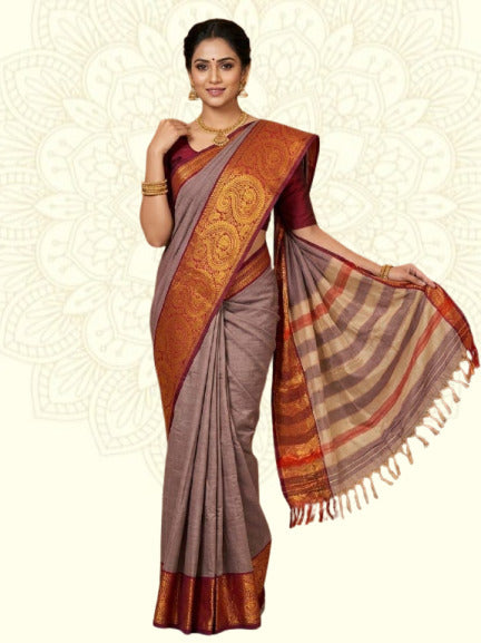 Dusty Lavender Narayanpet Pure Mercerised Cotton Saree with Rich Gold Zari Woven Ruby Red Border - Indian Ethnic Wear - front view | Chindak Textiles