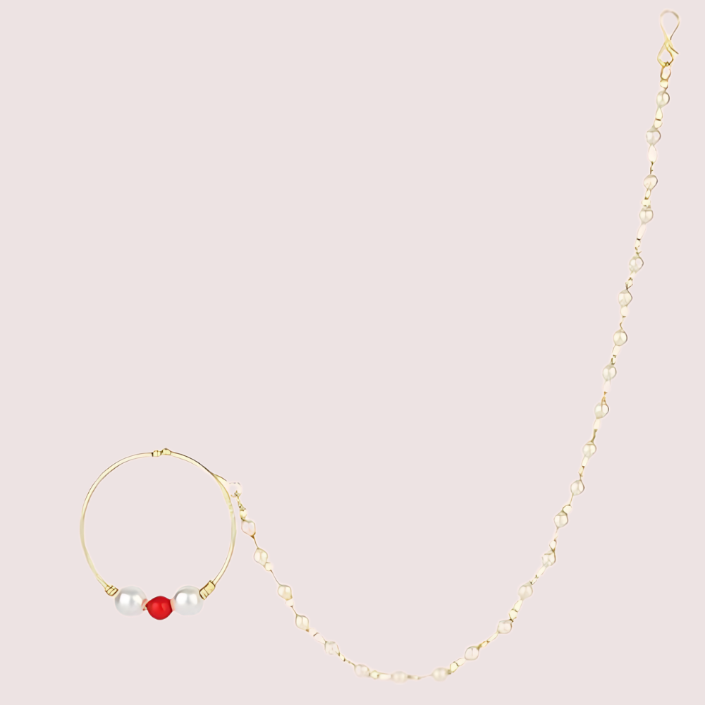 Women's Golden Pearl Nose Ring, Regal Golden Bridal Nath - Apparel - close-up detail view | Snazzyway