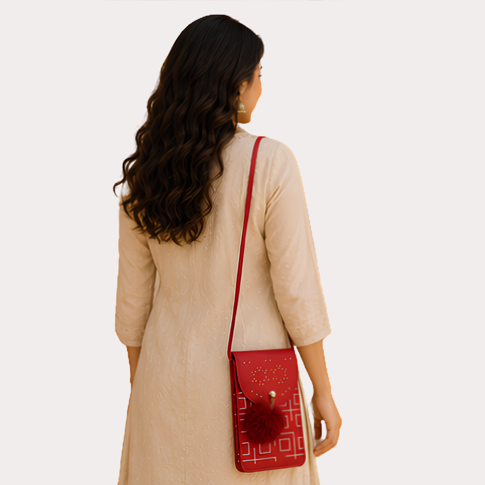 Women's Red Embellished Sling Bag, Timeless Crossbody Purse - Uncategorized - close-up detail view | Snazzyway
