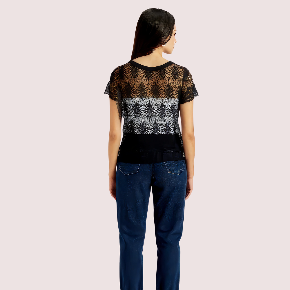Women's Black Floral Top, Charming Black Blouse - Apparel - close-up detail view | Snazzyway