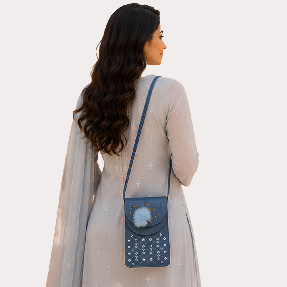 Women's Sky Blue Embellished Sling Bag, Graceful Sky Crossbody Purse - Apparel - close-up detail view | Snazzyway