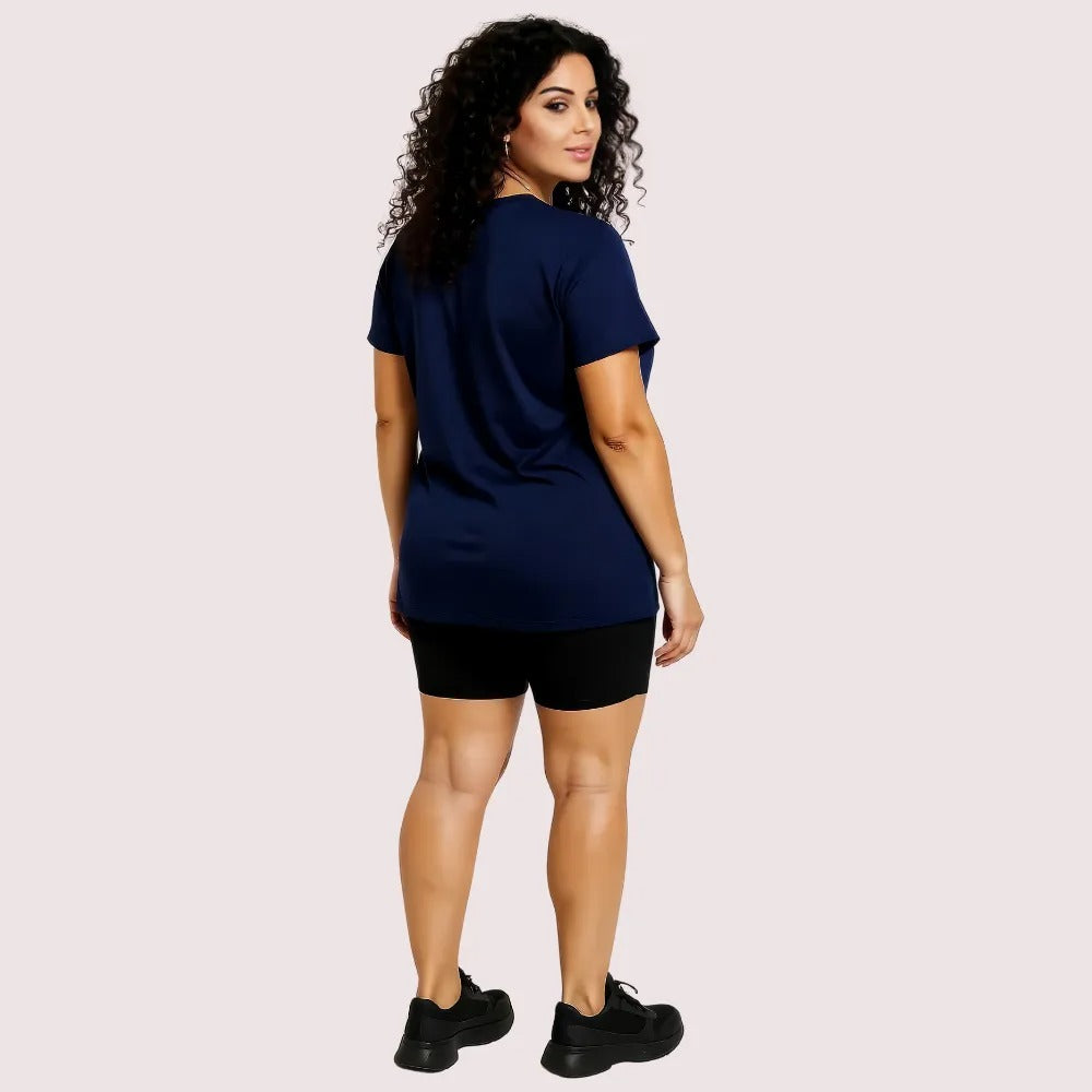 Women's Blue Designer T-Shirt, Refined Blue Casual Top - Apparel - close-up detail view | Snazzyway