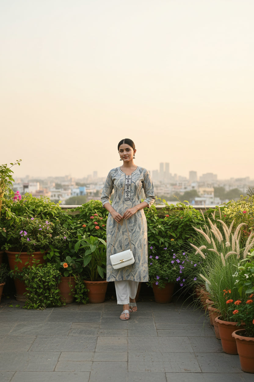 Grey Floral Digital Print Kurti – Viscose & Chinon with Handwork Neck & Inner (44" Length) - front view | Nardev Fashions