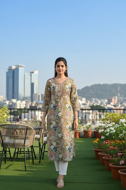Sage Green Tropical Floral Digital Print Kurti – Viscose & Chinon with Handwork Neck & Inner (44" Length) - front view | Nardev Fashions
