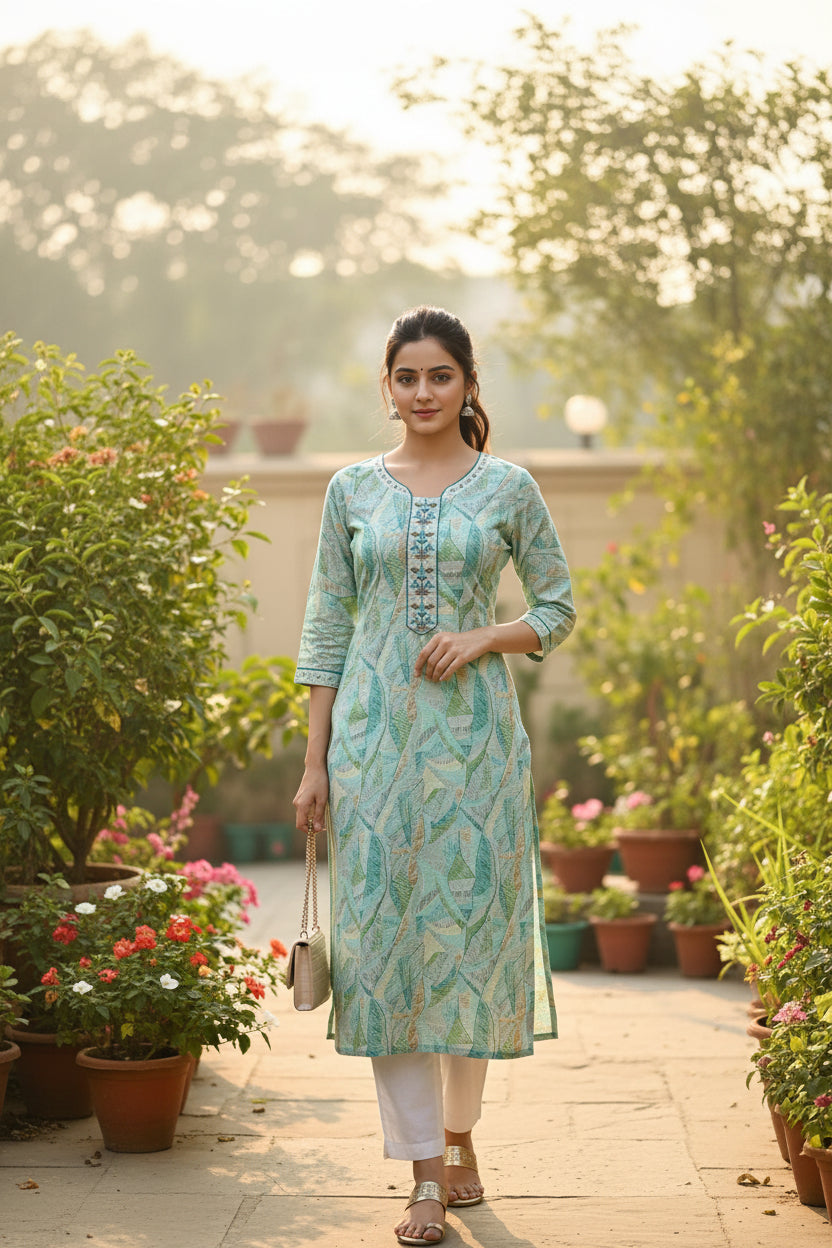 Mint Green Digital Print Kurti – Viscose & Chinon with Handwork Neck & Inner (44" Length) - front view | Nardev Fashions