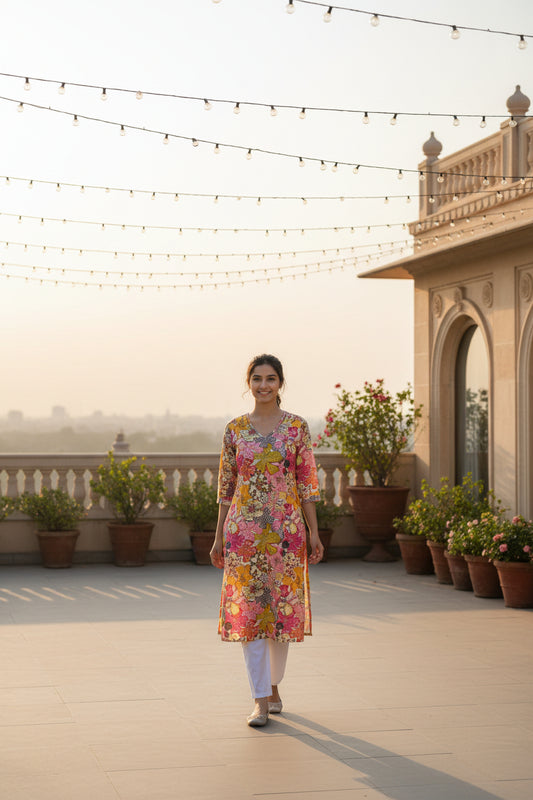 Multicolour Floral Digital Print Kurti – Viscose & Chinon with Handwork Neck & Inner (44" Length) - front view | Nardev Fashions