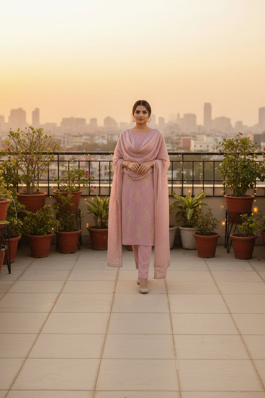 Baby Pink Designer Sequence Embroidered Chinon Top Pant Dupatta Set (Fully Stitched) - Kurti Set - front view | Nardev Fashions