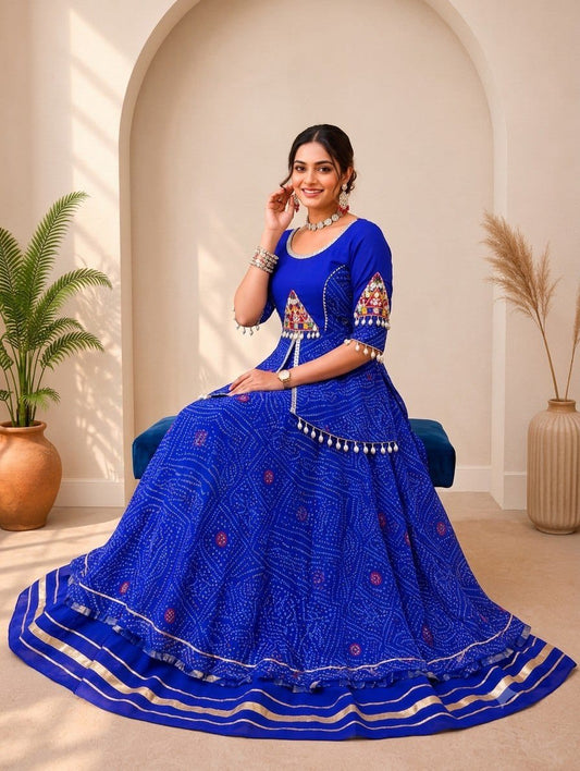 Blue Bandhani Lehenga Set – Pure Rayon Cotton with Mirror Work Blouse (Fully Stitched) - close-up detail view | Nardev Fashions
