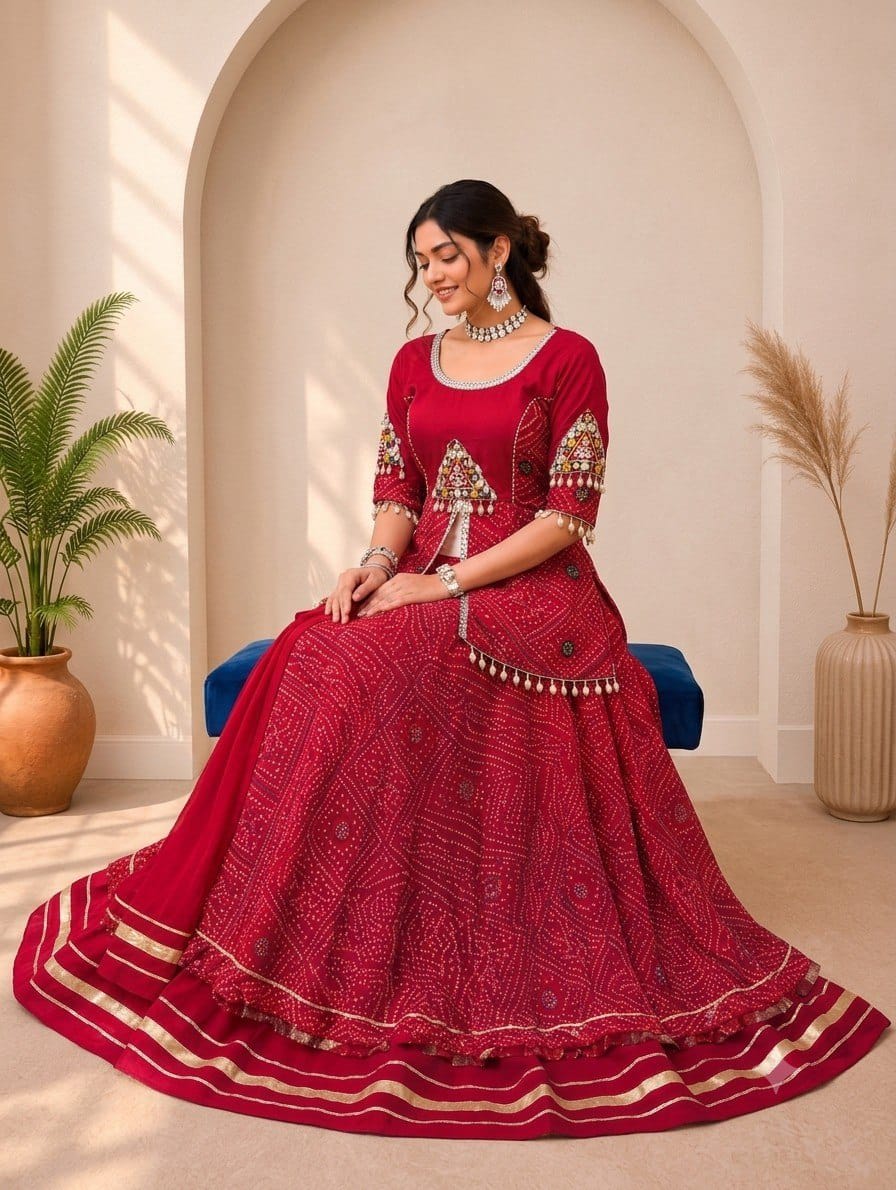 Red Bandhani Lehenga Set – Pure Rayon Cotton with Mirror Work Blouse (Fully Stitched) - close-up detail view | Nardev Fashions