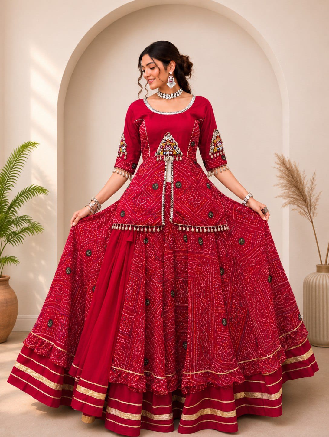 Red Bandhani Lehenga Set – Pure Rayon Cotton with Mirror Work Blouse (Fully Stitched) - front view | Nardev Fashions