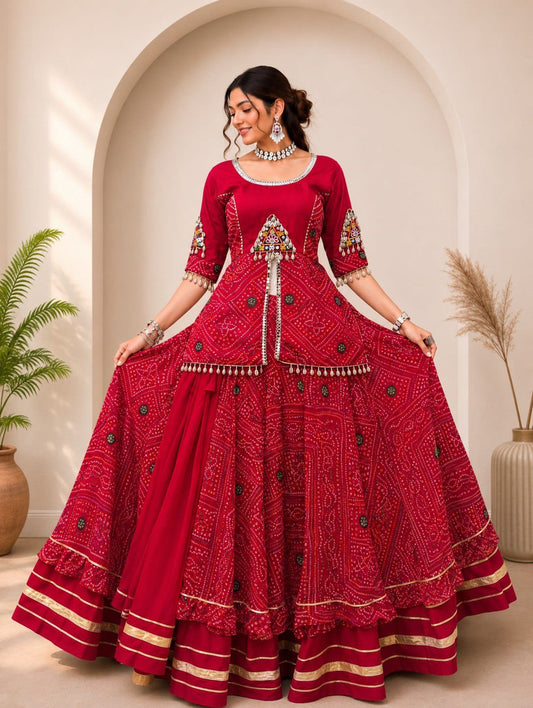 Red Bandhani Lehenga Set – Pure Rayon Cotton with Mirror Work Blouse (Fully Stitched) - front view | Nardev Fashions