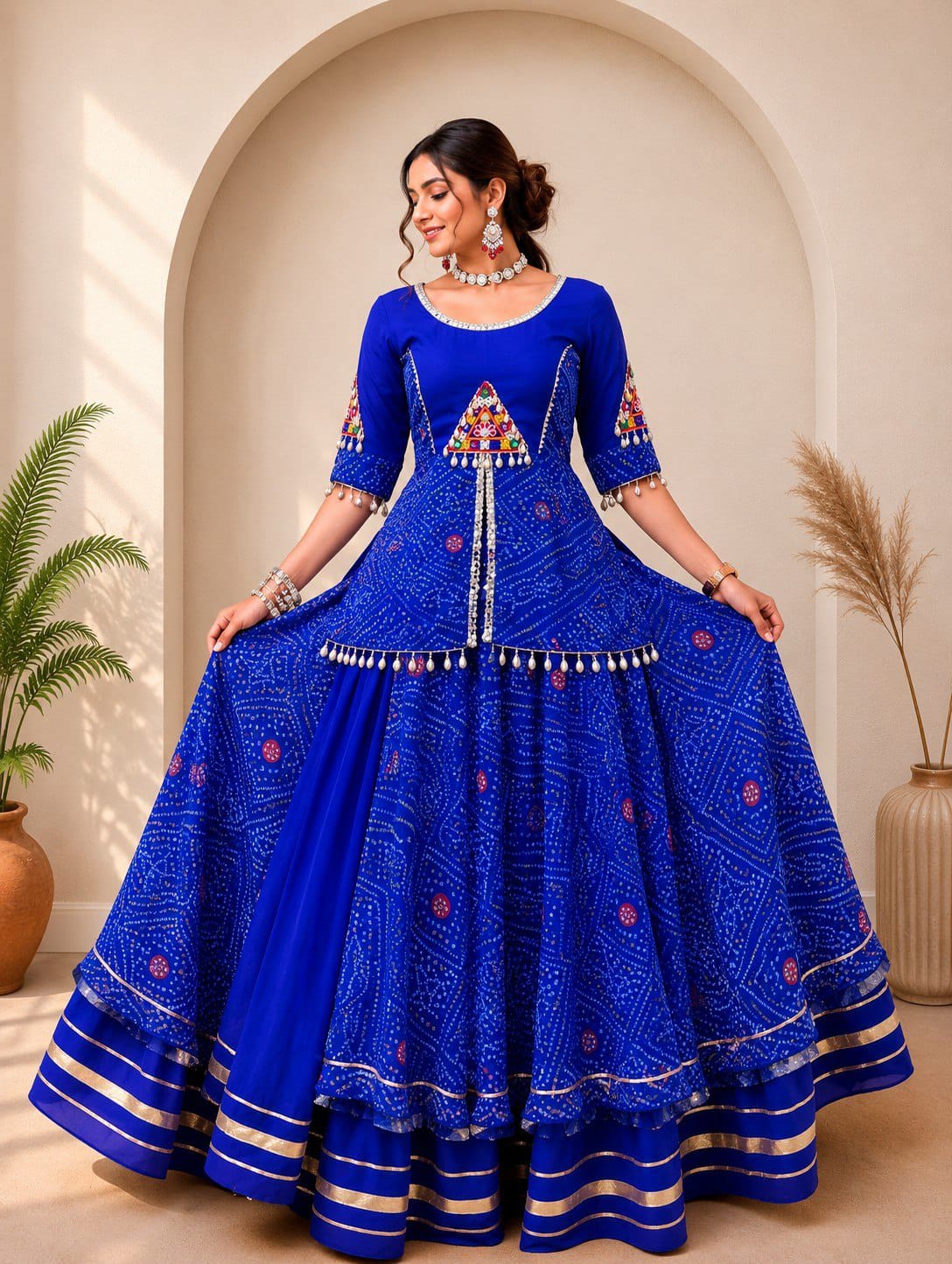 Blue Bandhani Lehenga Set – Pure Rayon Cotton with Mirror Work Blouse (Fully Stitched) - front view | Nardev Fashions
