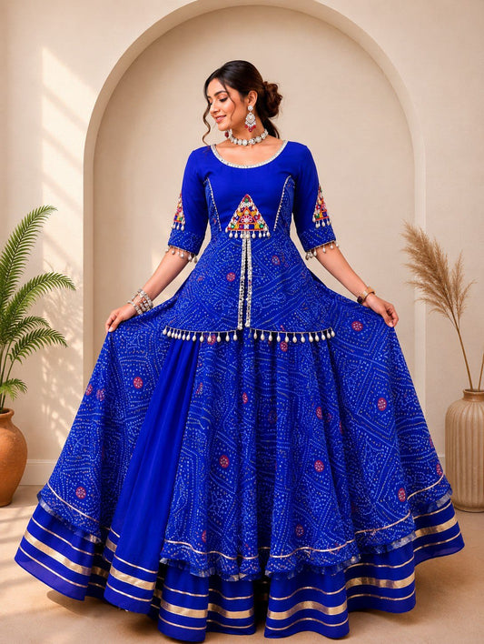 Blue Bandhani Lehenga Set – Pure Rayon Cotton with Mirror Work Blouse (Fully Stitched) - front view | Nardev Fashions
