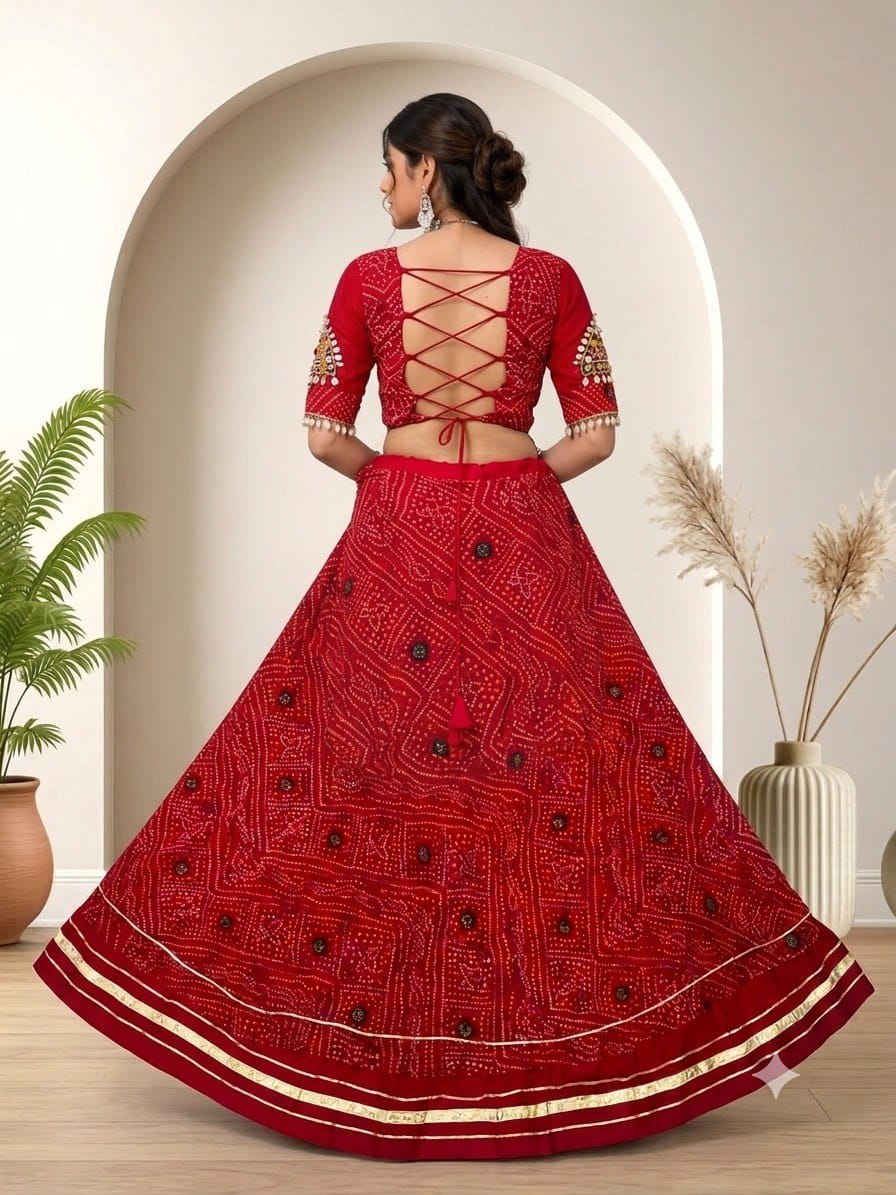 Red Bandhani Lehenga Set – Pure Rayon Cotton with Mirror Work Blouse (Fully Stitched) - back view | Nardev Fashions