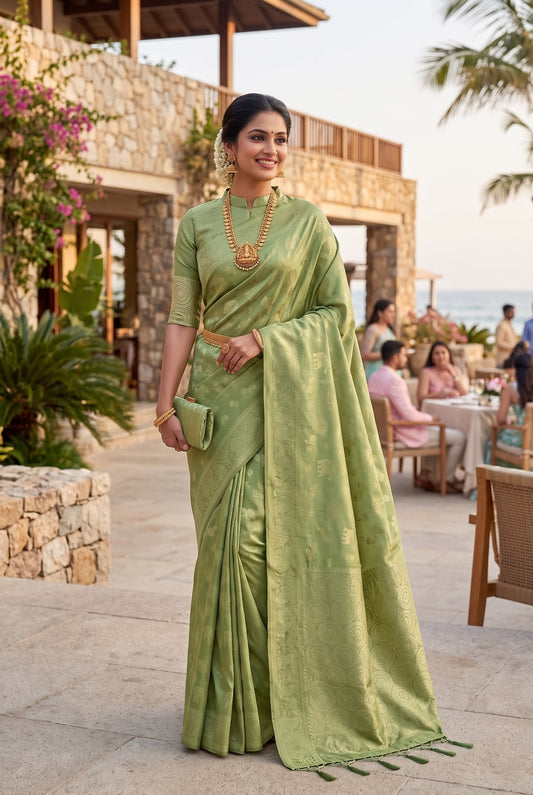 Sage Green Soft Tissue Kanjivaram Silk Saree – Rich Pallu & Jacquard Work with Woven Blouse - front view | Nardev Fashions