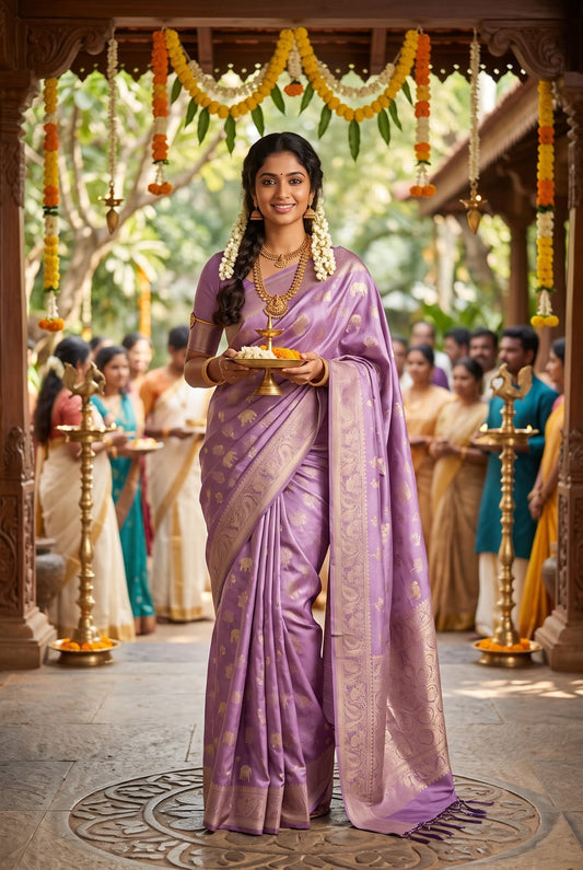 Lavender Soft Tissue Kanjivaram Silk Saree – Rich Pallu & Jacquard Work with Woven Blouse - front view | Nardev Fashions