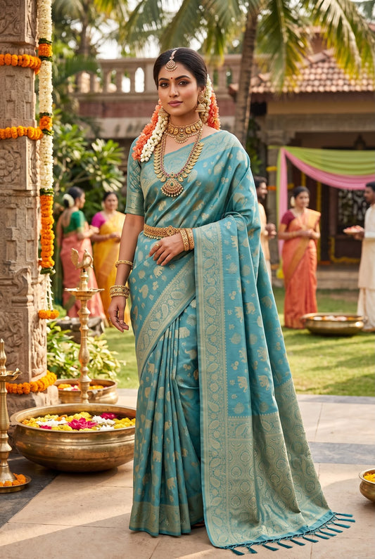 Teal Soft Tissue Kanjivaram Silk Saree – Rich Pallu & Jacquard Work with Woven Blouse - front view | Nardev Fashions